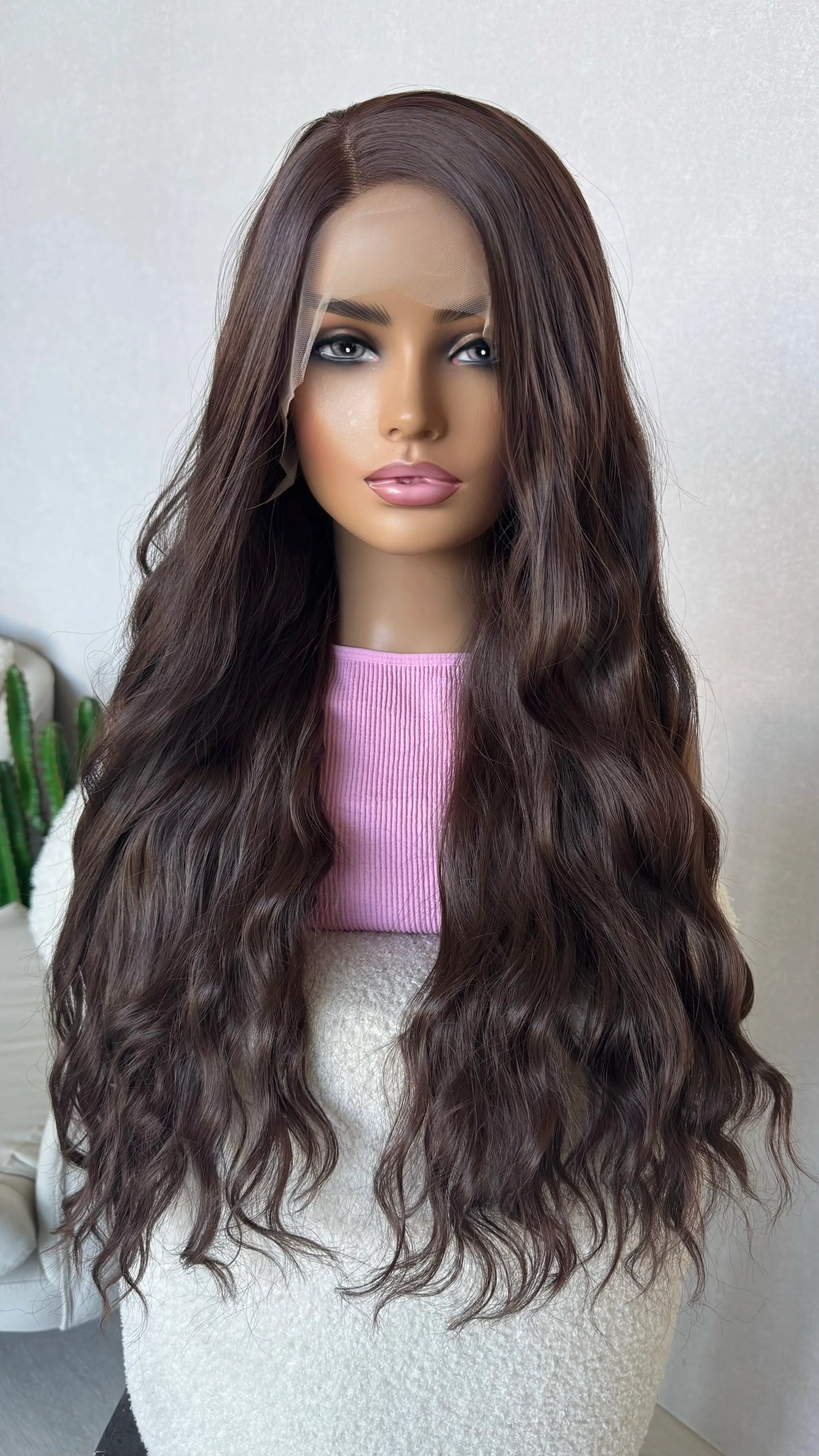 left side part, plum with waves. long hair glueless wig.