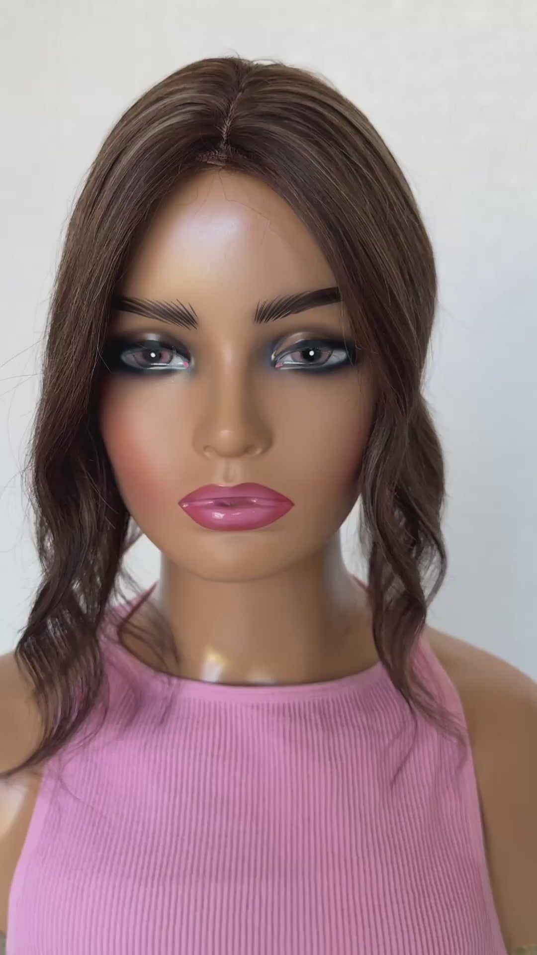 brunette with higlights with middle part, small topper australia, human hair 100%