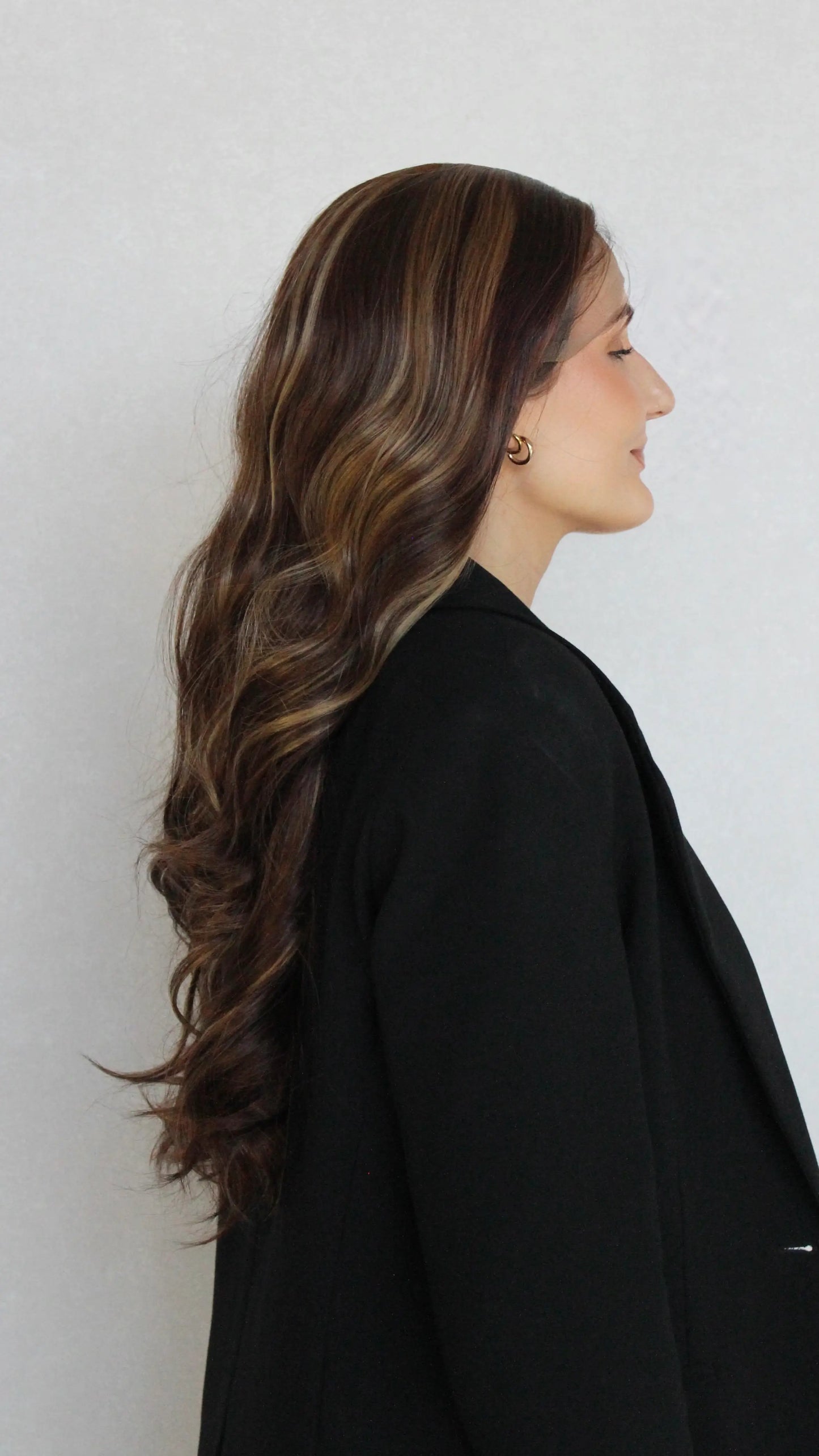 side view, long lacefront wig showing length from back, heat safe synthetic hair australia.