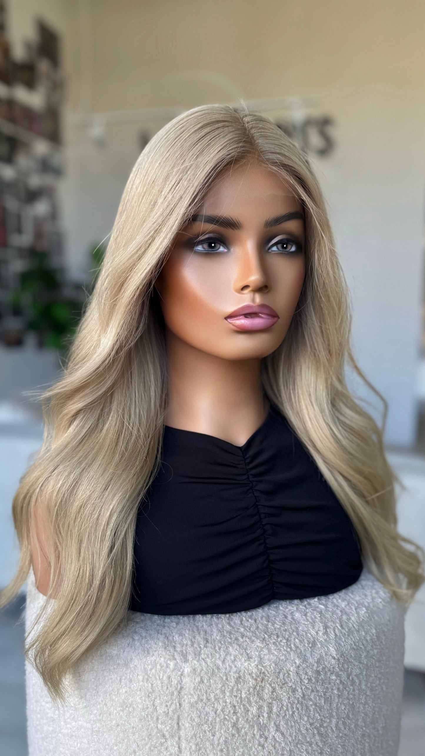 side view blonde natural wig, light blonde hair. brazilian remy hair.