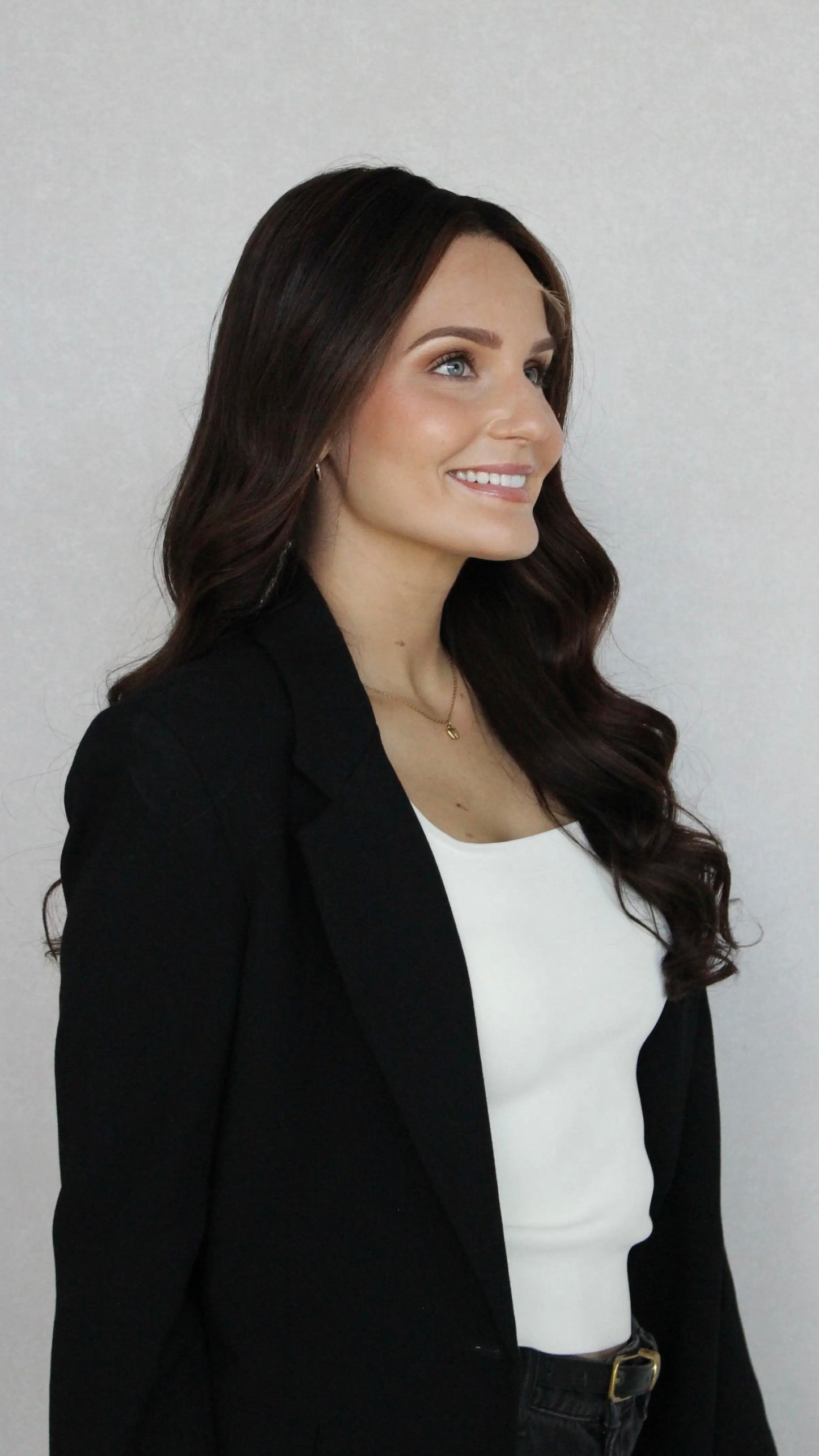 side view, half hair back , half forward. middle part long hair, dark brown lacefront wig, wigs australia.