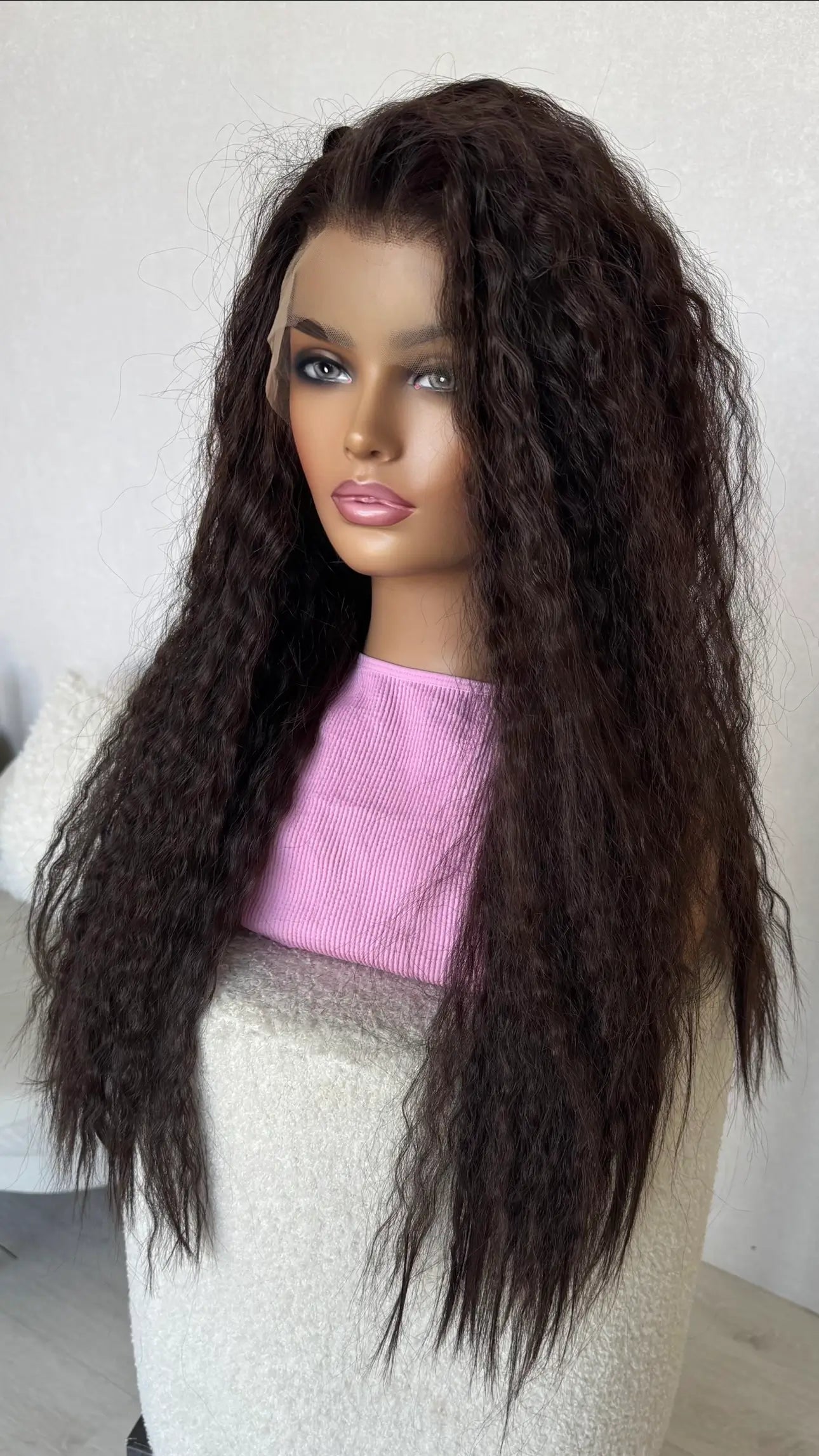 lacefront wig side on view, long brown hair.