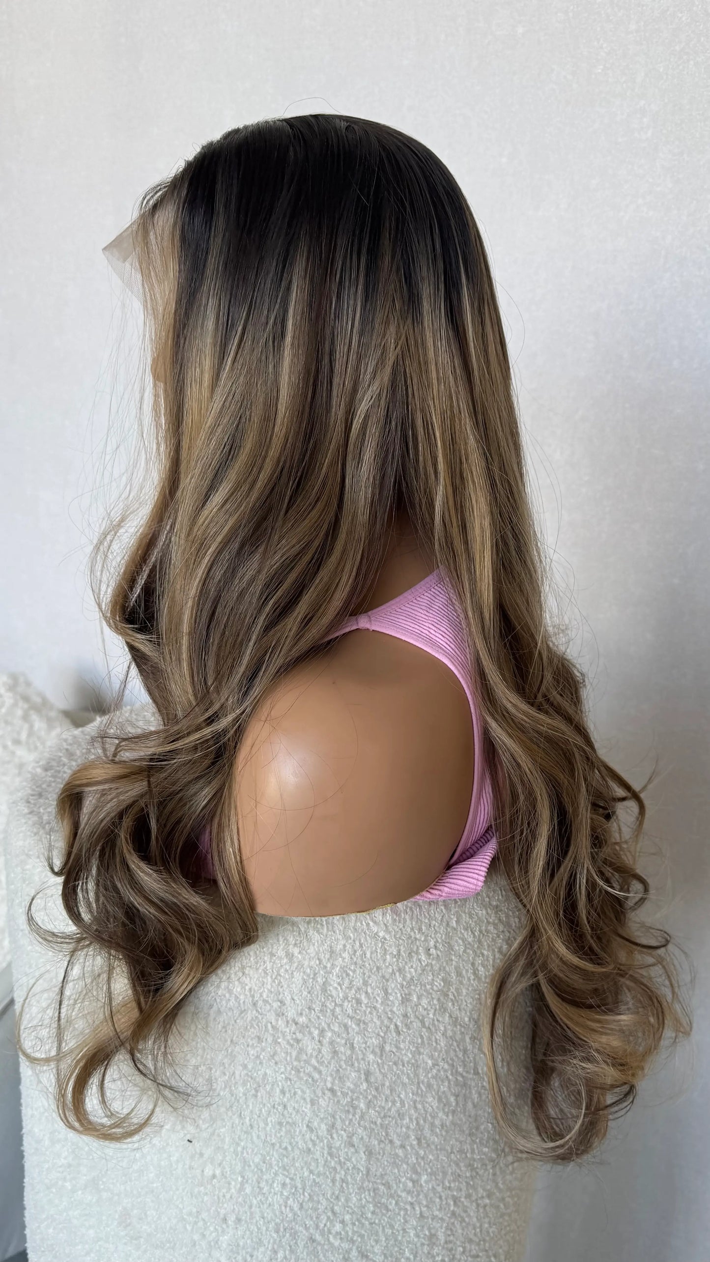 synthetic hair side view, long wavy dark brown hair, glueless wig australia.