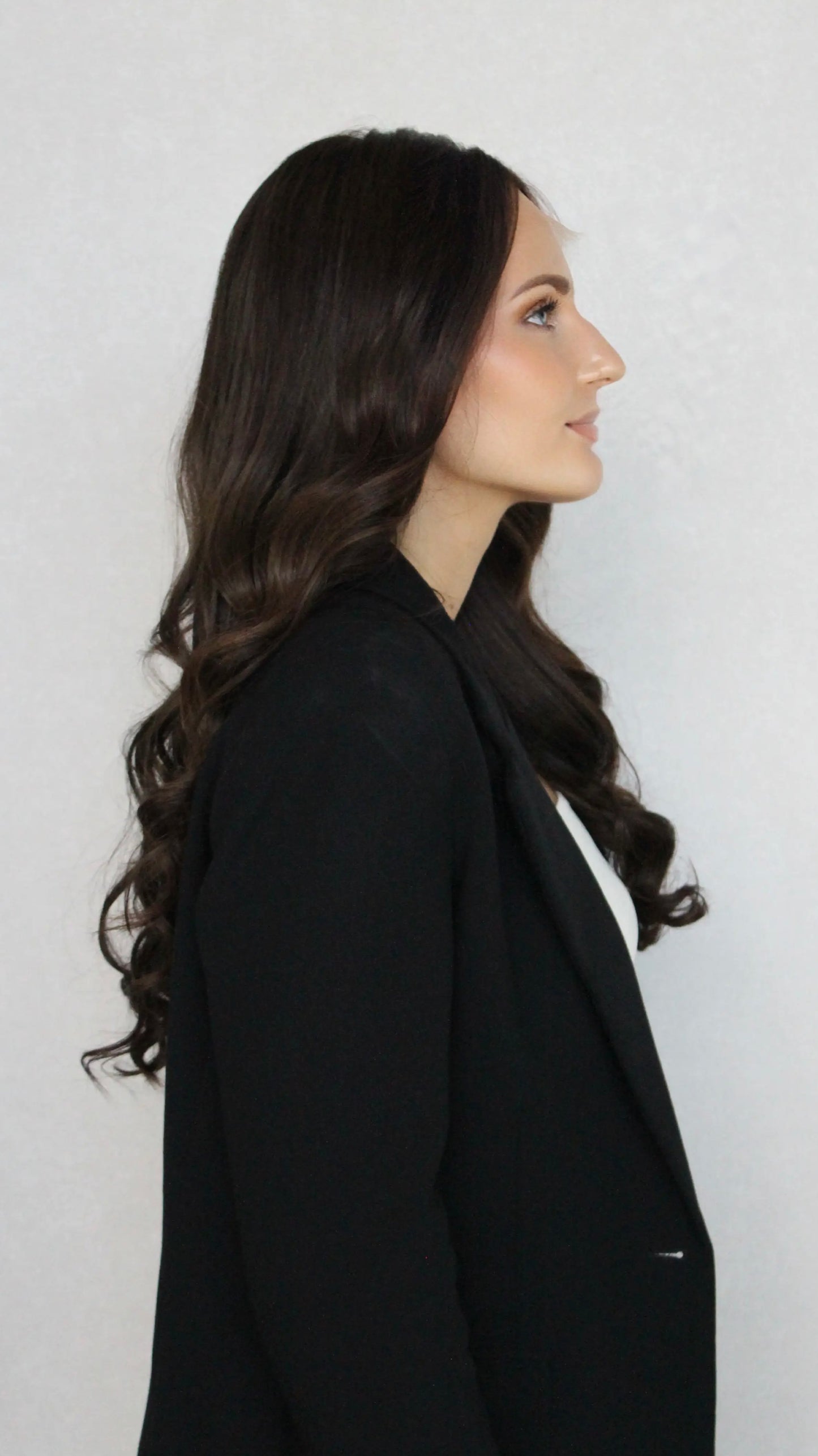 side on view, half hai back , long brown lacefront wig, australia wigs, brazilian remy human hair wig.
