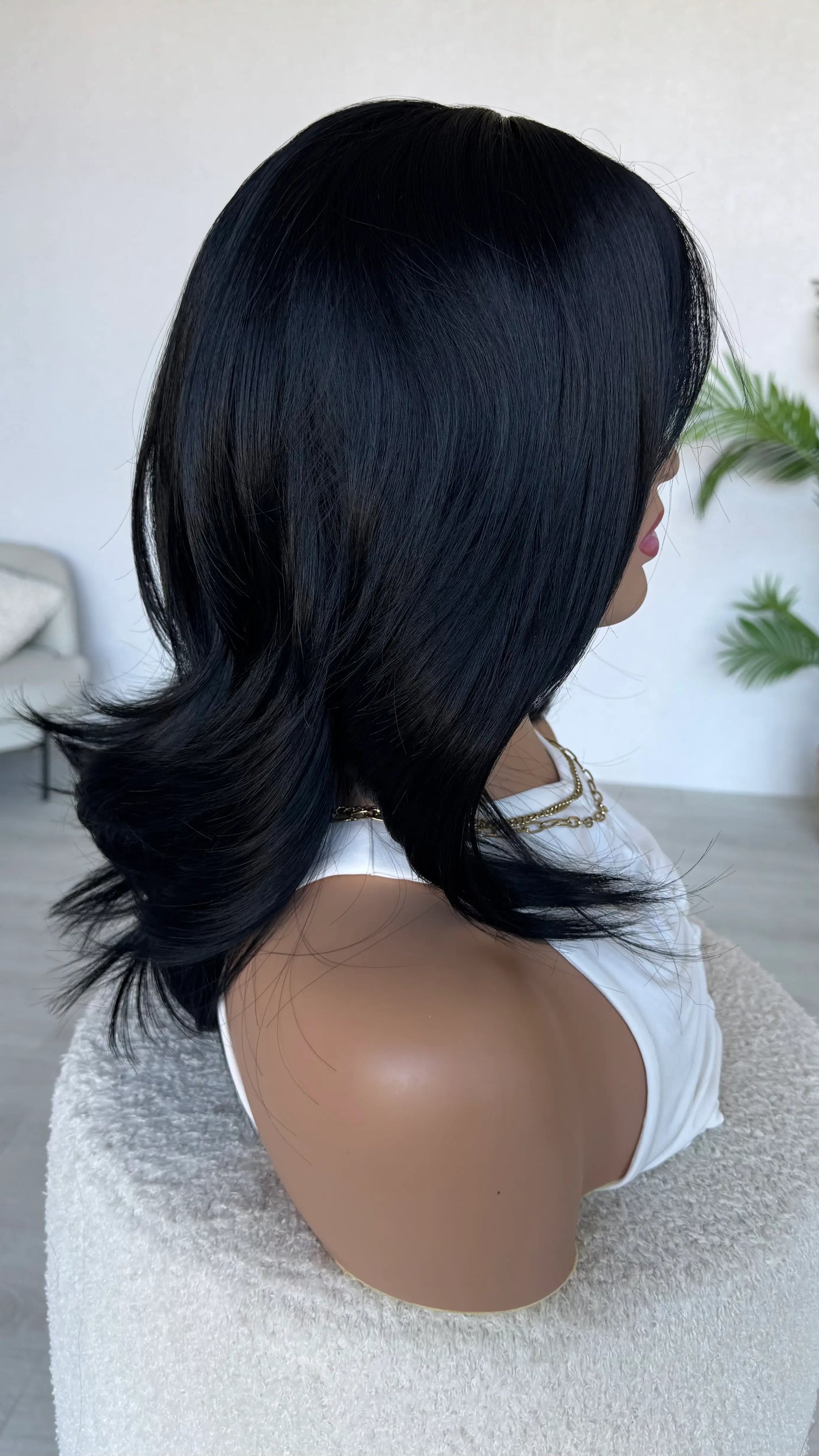side view blue black hair nova, curtain bang layered wig.