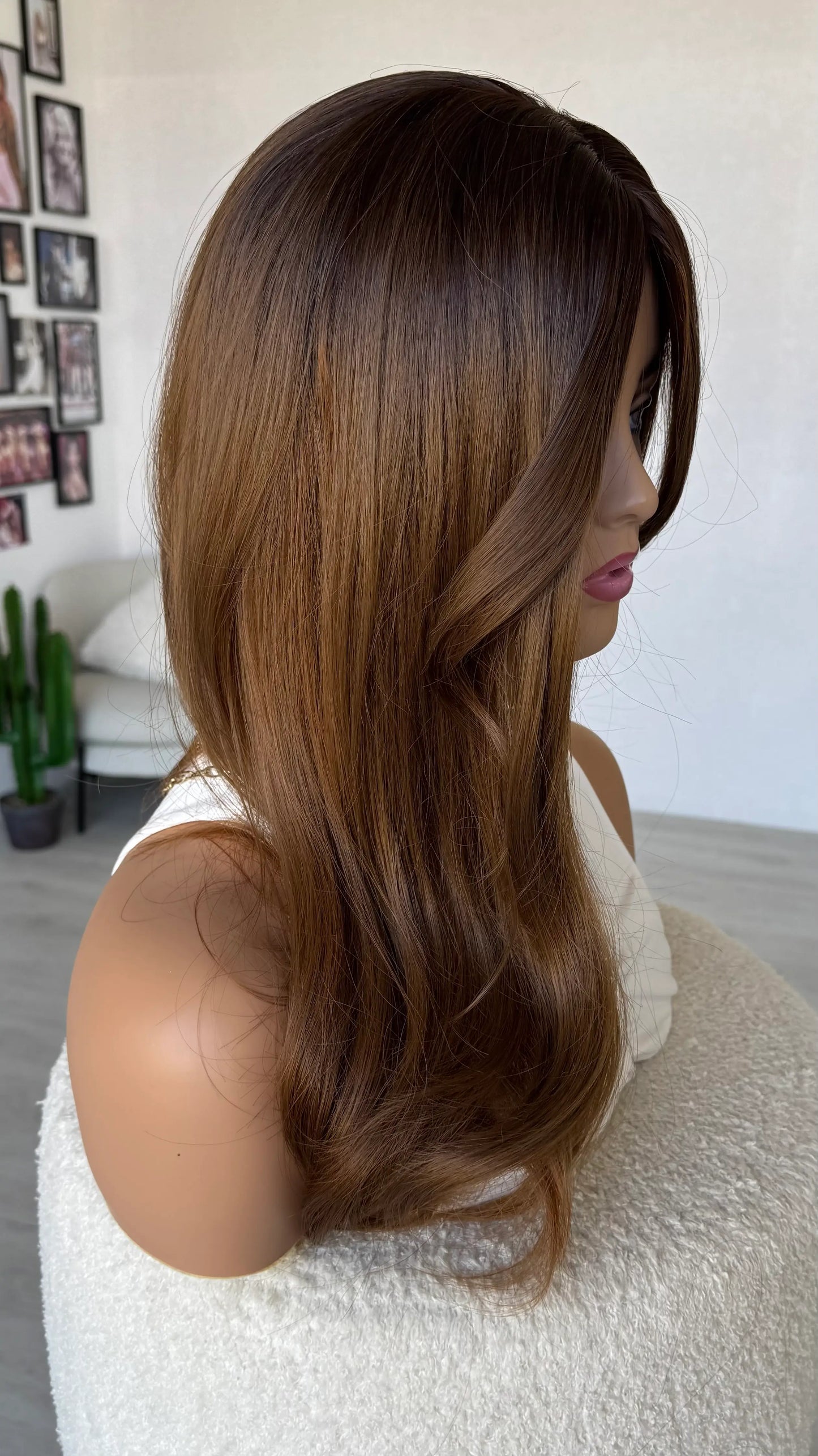 side view, showing hair colour dark to light, warm brown