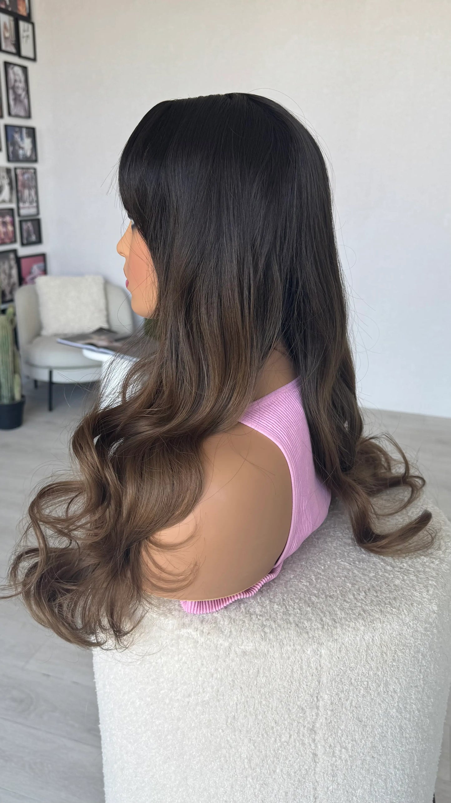 brunette fringe wig side view, long hair lighter brown ends, heat safe glueless wig.