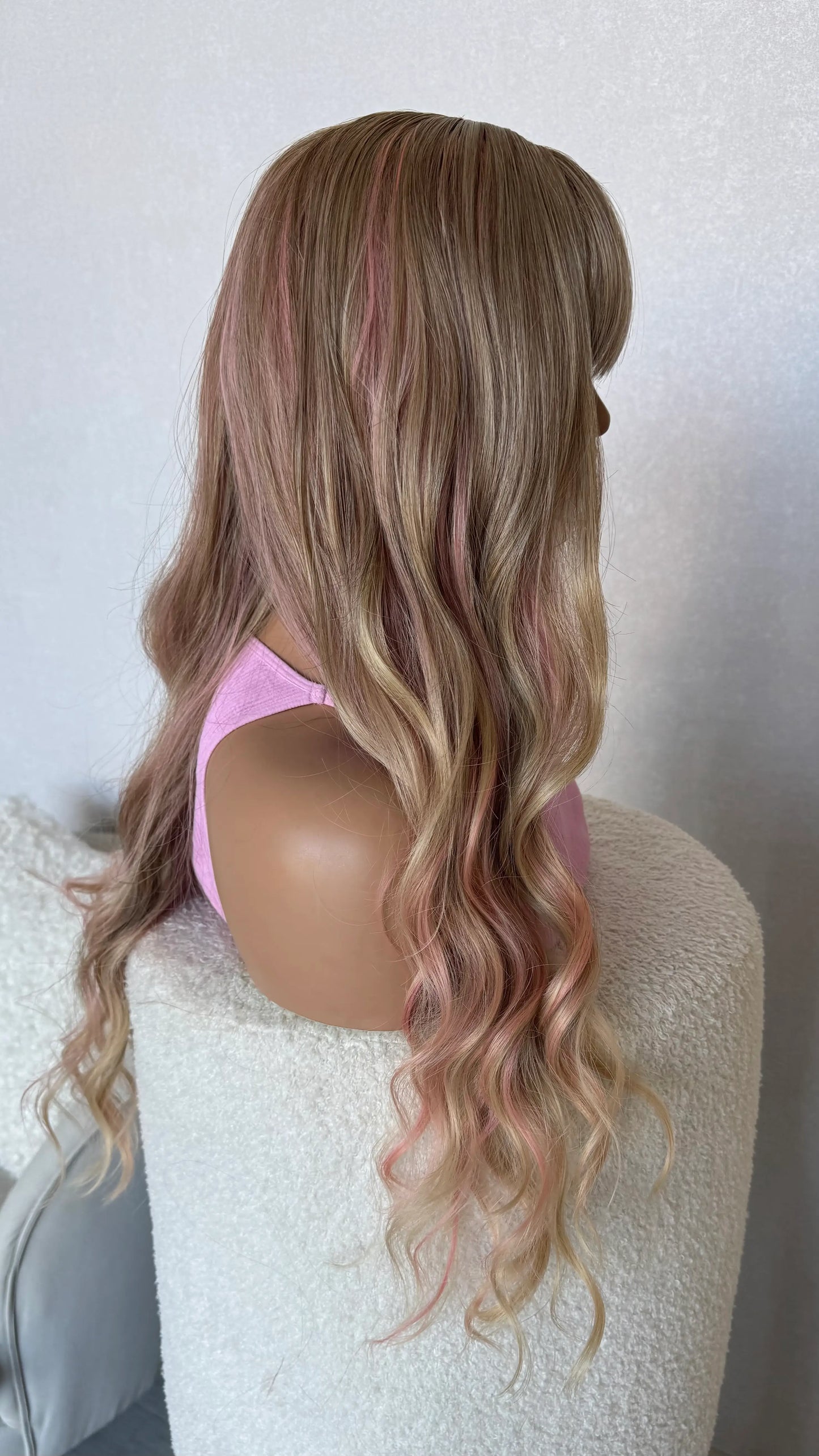 wavy hair long pink and blonde fringe wig, synthetic hair wigs australia.