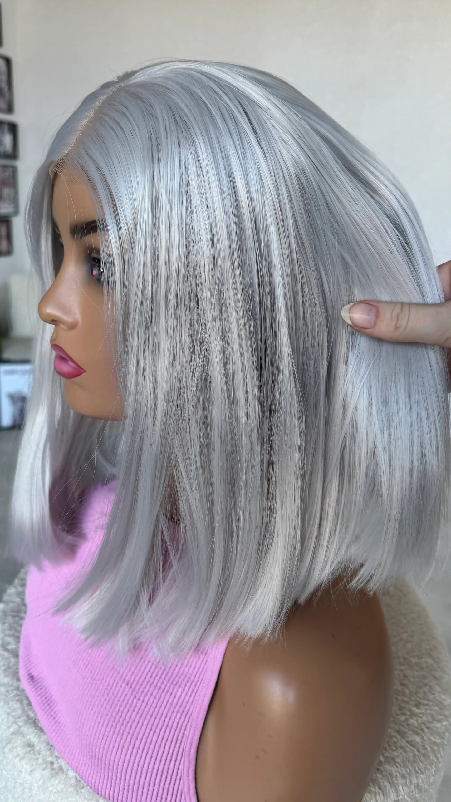 synthetic wigs australia, silver ash pearl grey hair, long bob, glueless wig