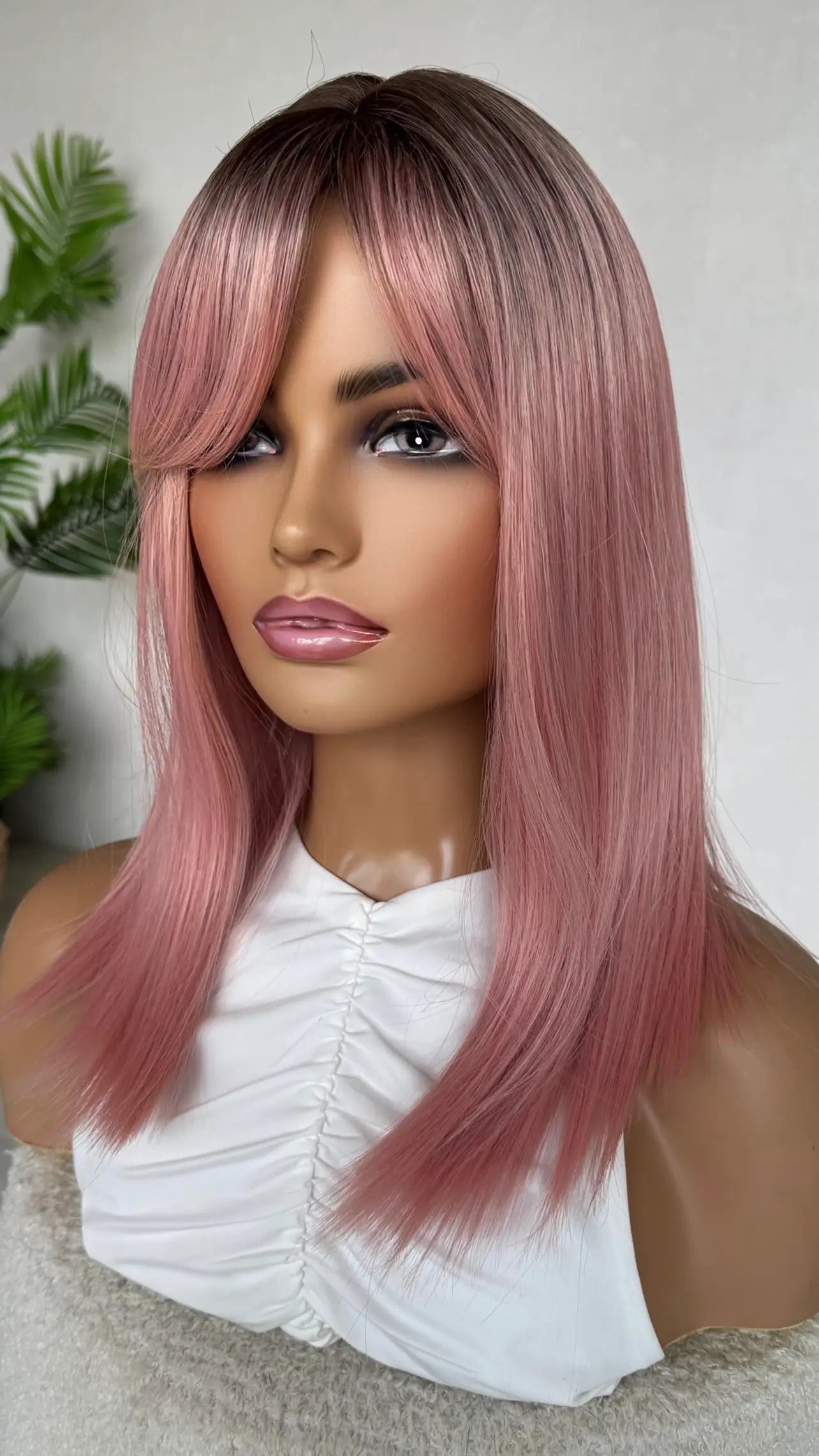 wig pink ombre hair straight with fringe, dark roots