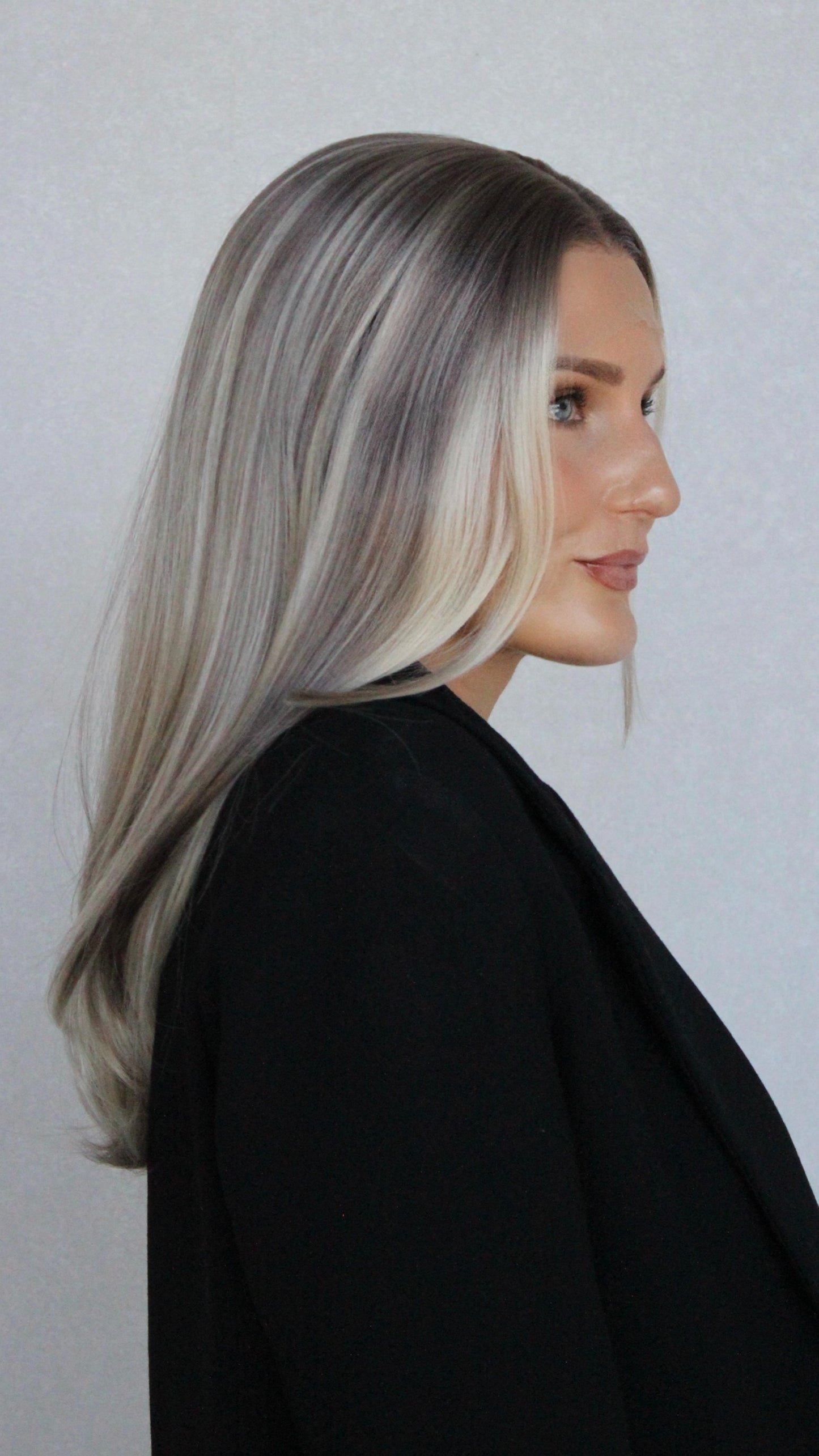 lacefront side view, lowlighted ash blonde with root, glueless and heat safe synthetics australia, wigs.