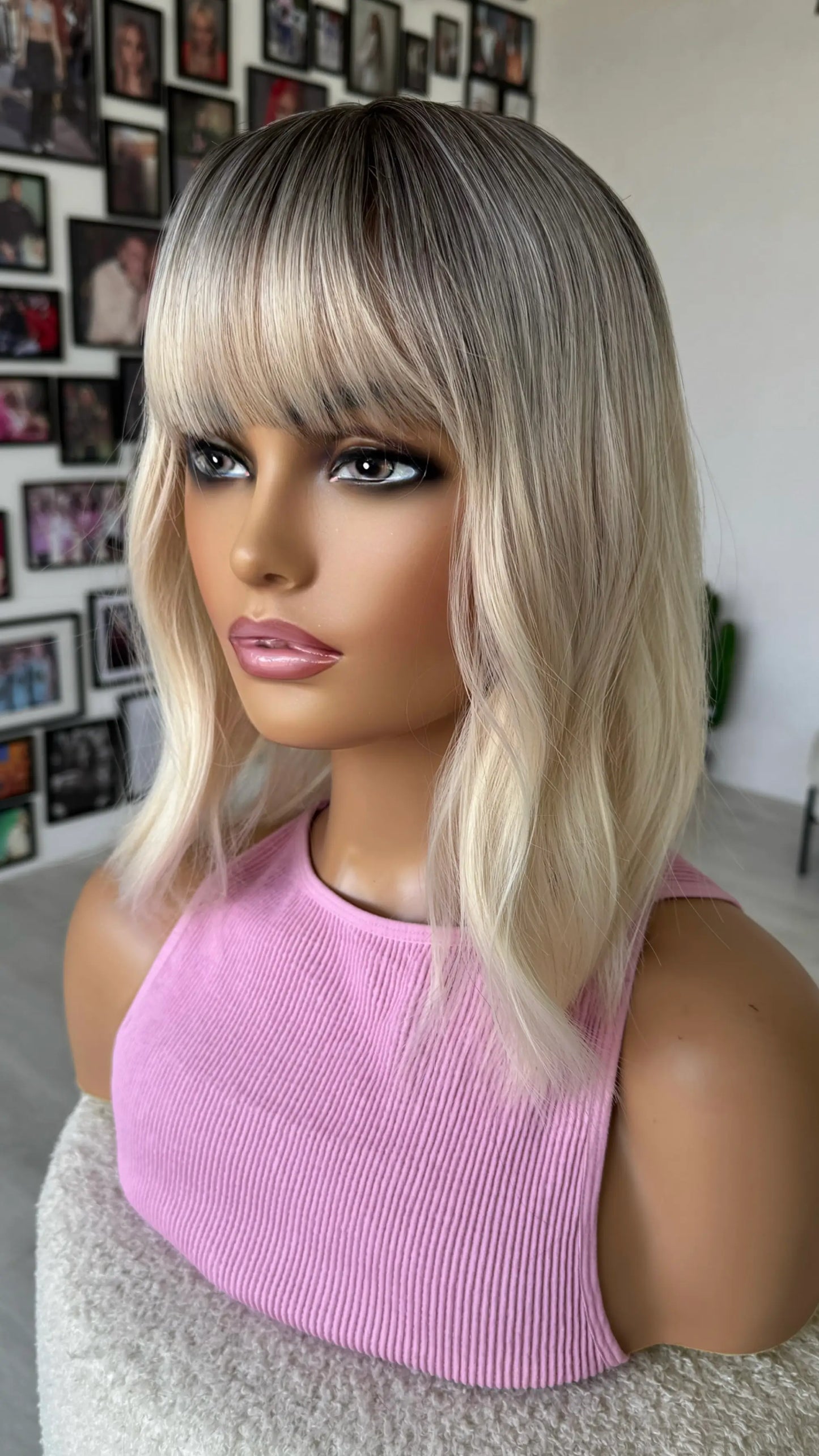 platinum blonde wig wavy hair, middle part.