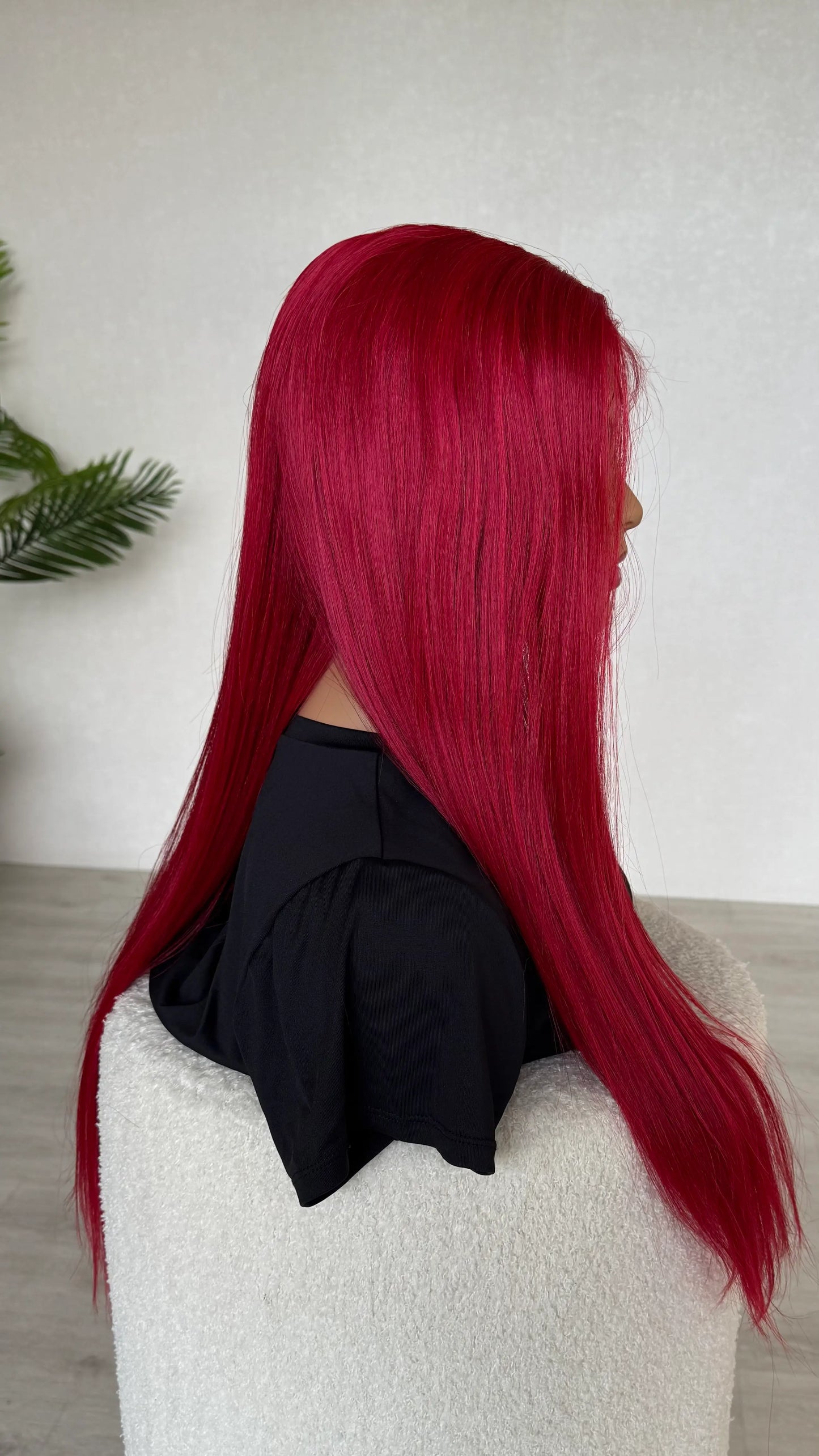 side view of long red lacefront synthetic wig, australia wigs, heat safe fibers.