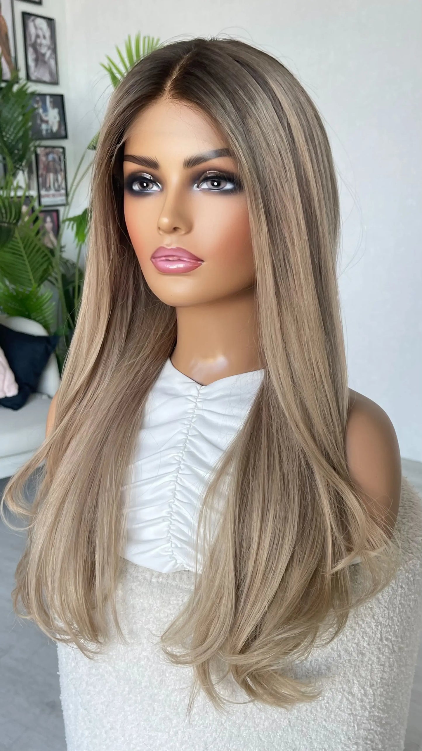 side view, ash ombre blonde lacefront human hair wig australia.