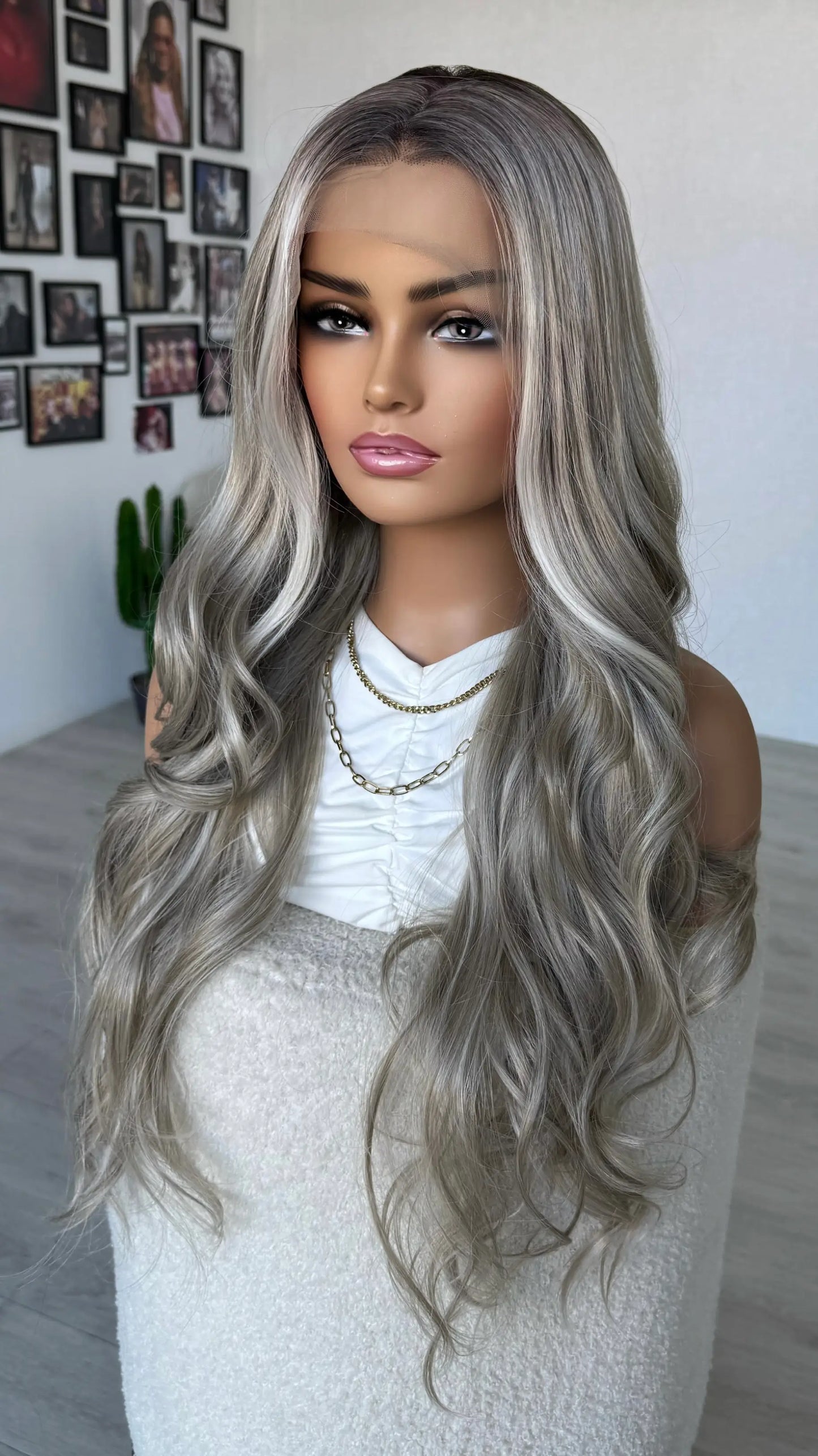 long lacefront silver blonde synthetic wig, glueless, heat safe.