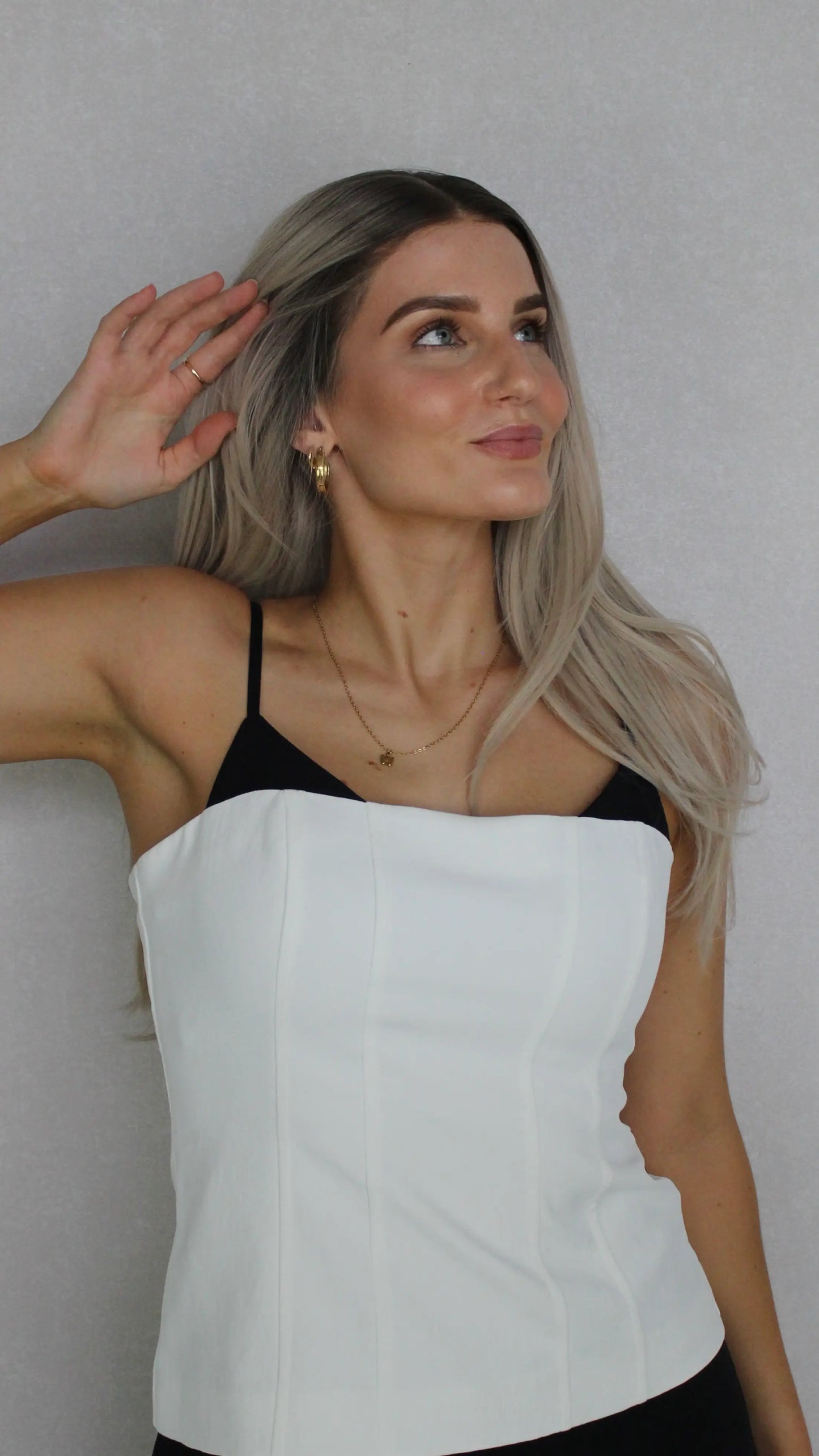 stardust synthetic, layered lacefront hair with darker root, pearly tone hair, 22-24 inches.