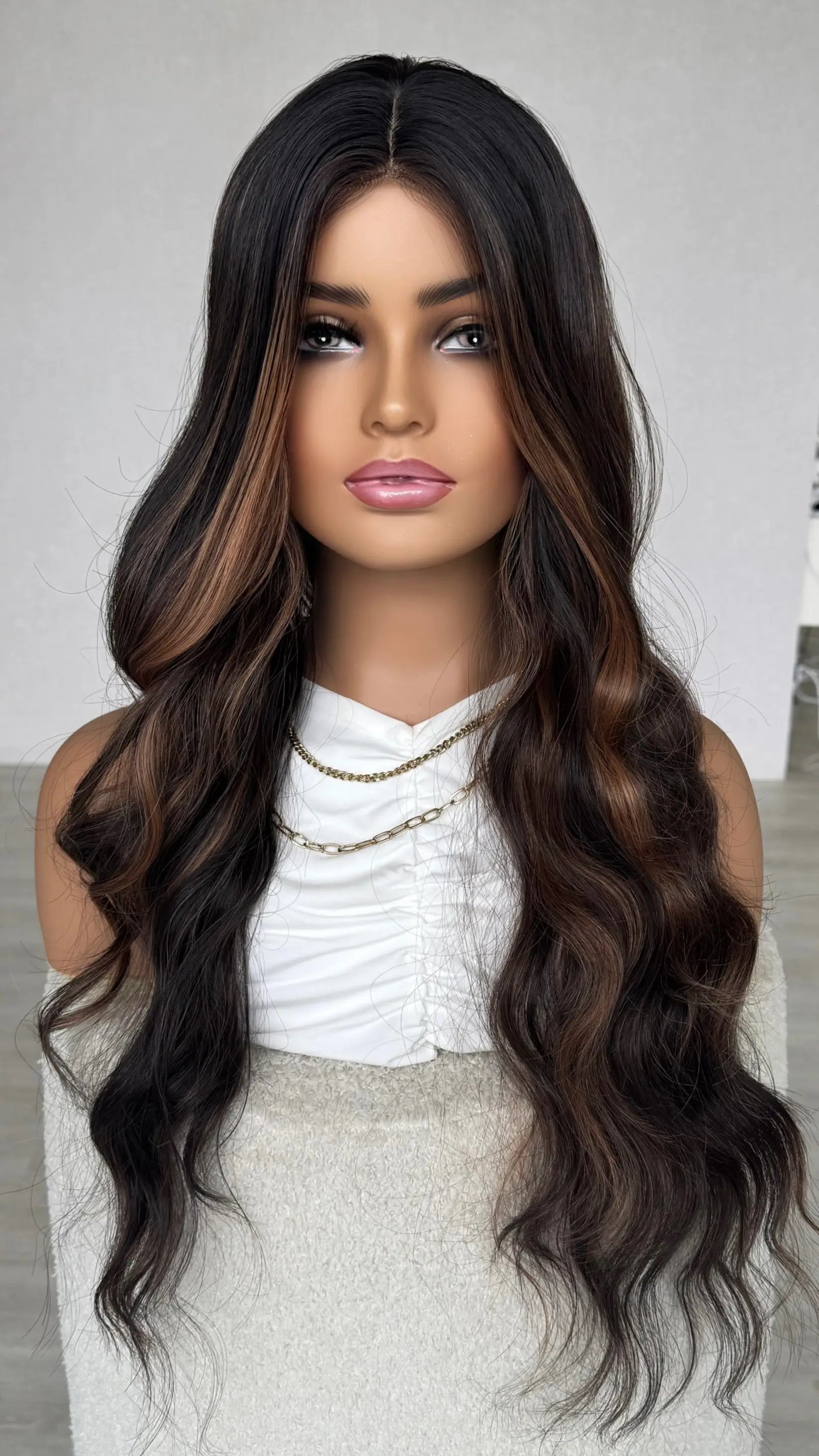 t-part lacefront synthetic wig, dark brown with highlights. australia wigs.