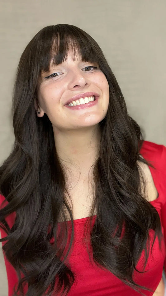 Alopecia model confidently showcases a seamless lace front wig, designed for maximum comfort and security