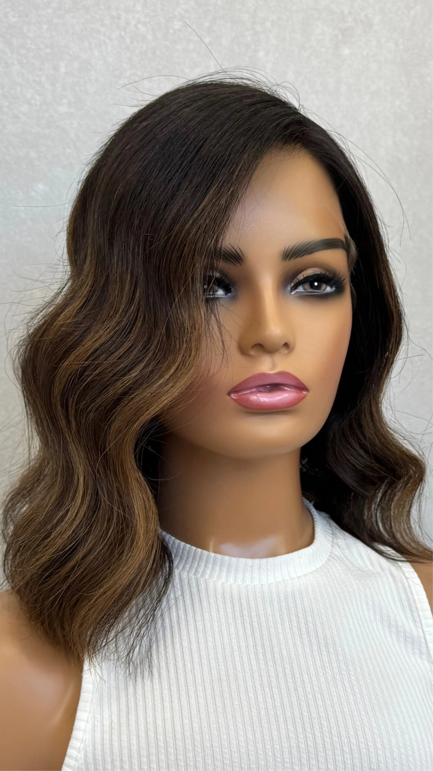 Medical Human Hair Lace Front Wig. Black with Warm Highlights - 14 inch- Colour Name: Kiki
