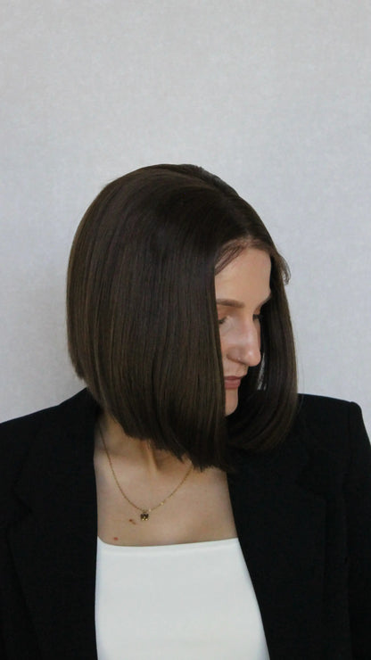 bob length synthetic, lacefront with baby hairs, chocolate brown hair colour, australia wigs.