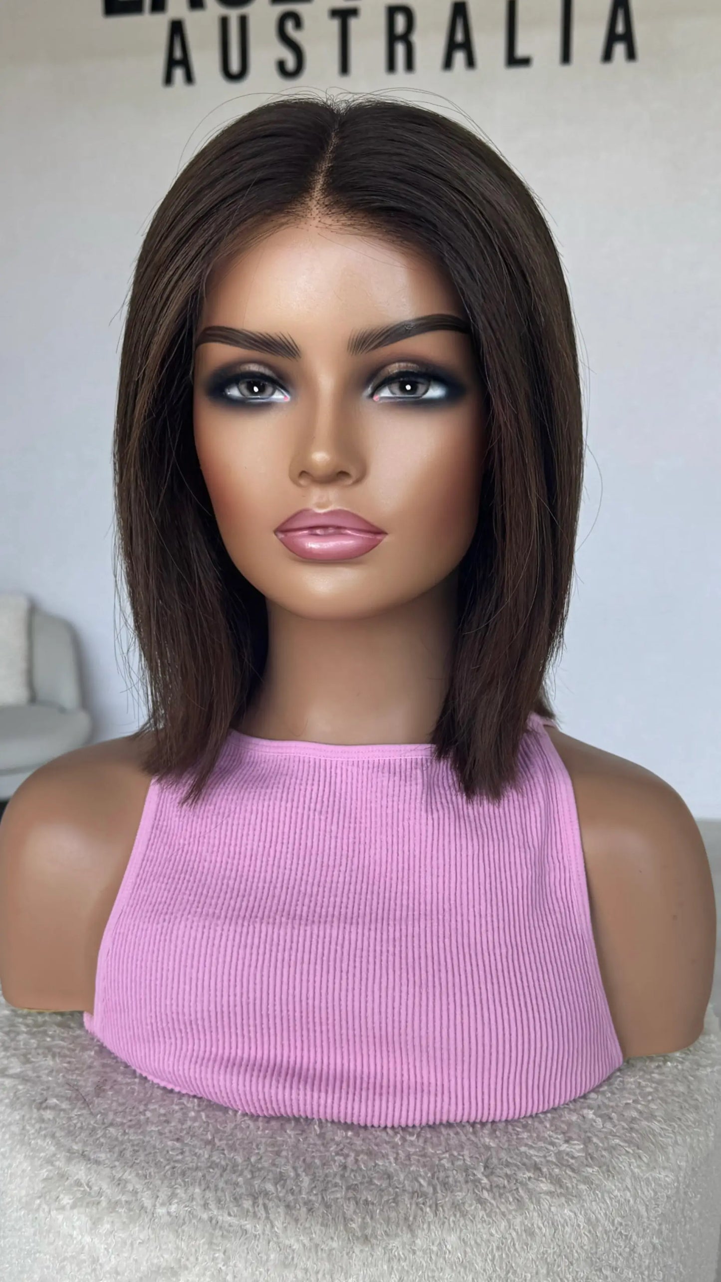 14 inch dark brunette lacefront wig, middle part.