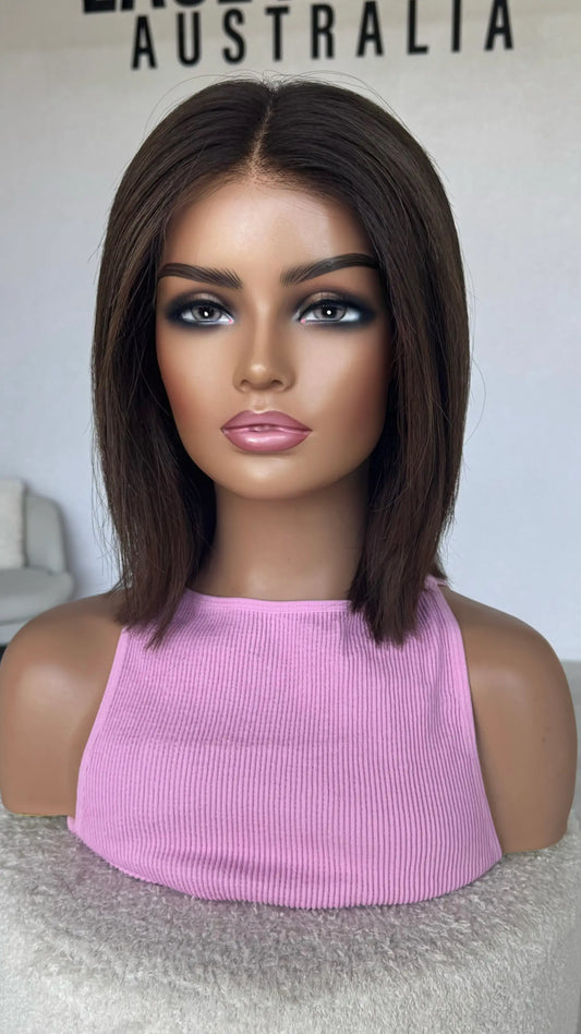 14 inch dark brunette lacefront wig, middle part.