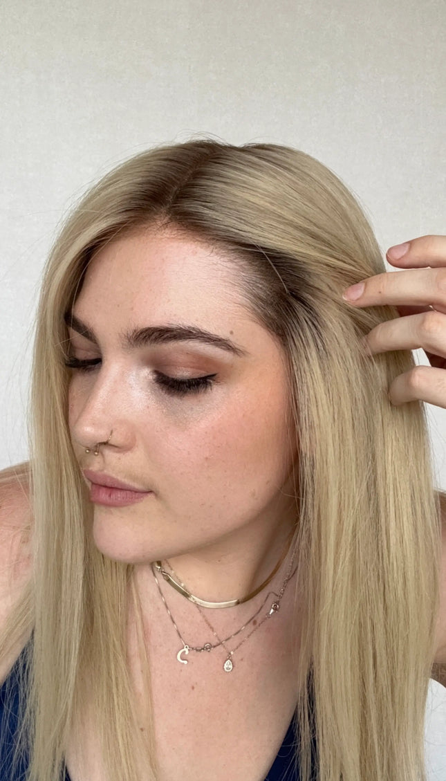 dark root to soft creamy blonde hair, lowlighted, 22 inch length, middle part, human hair cap wig, gold coast australia.