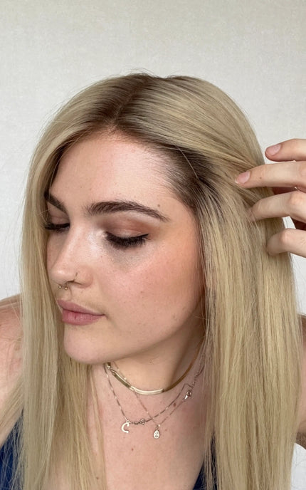 dark root to soft creamy blonde hair, lowlighted, 22 inch length, middle part, human hair cap wig, gold coast australia.