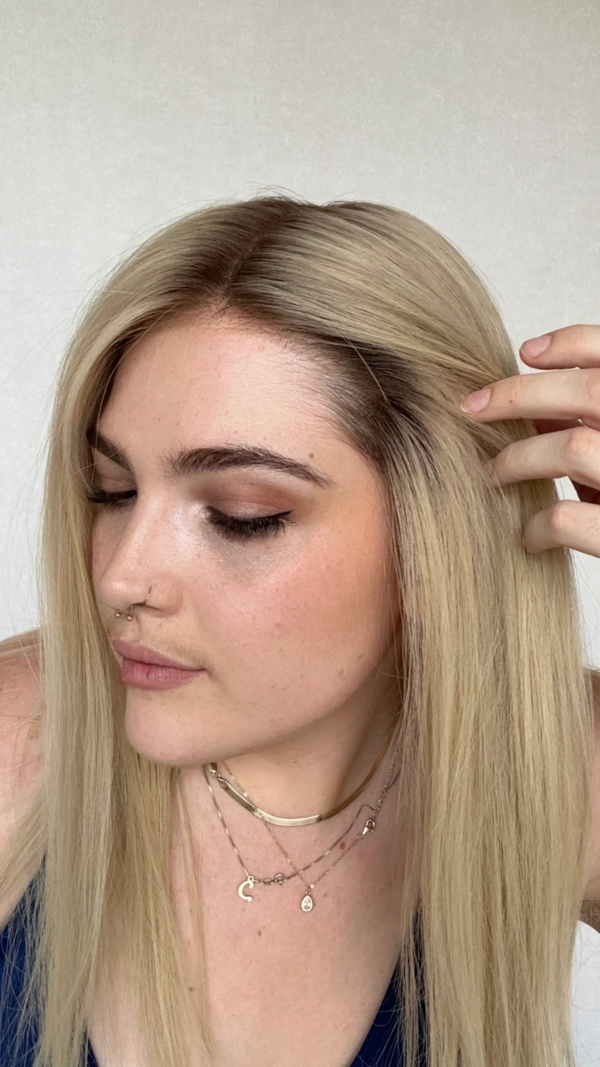 dark root to soft creamy blonde hair, lowlighted, 22 inch length, middle part, human hair cap wig, gold coast australia.