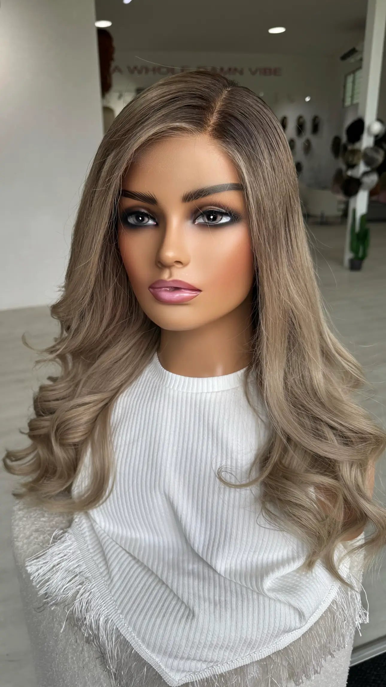 22 inch lace front wig, australia, long curled ash hair.