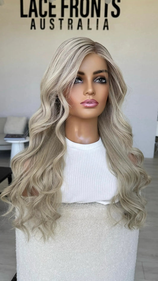 platinum blonde curled hair, human hair lace front wig