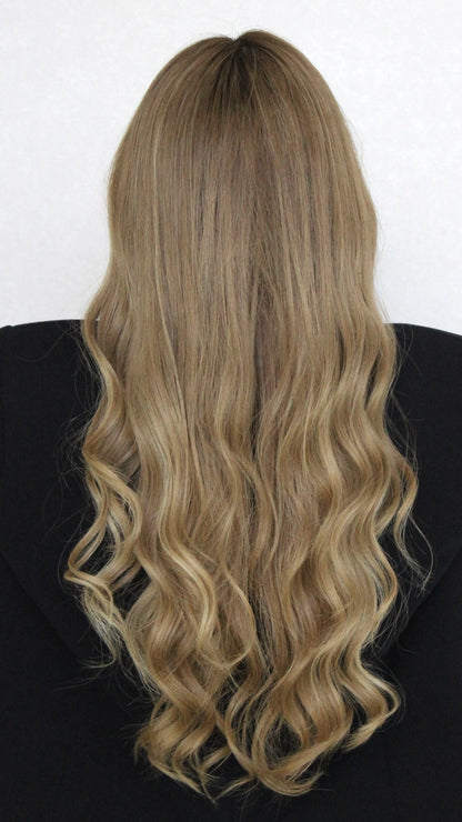 from behind, long dark blonde hair with root, human hair wig australia, lacefront wig. 