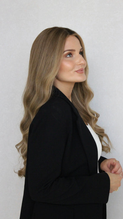 26 inch length hair, soft blonde ombre, warm blonde tone with money peice/ face framing highlight.