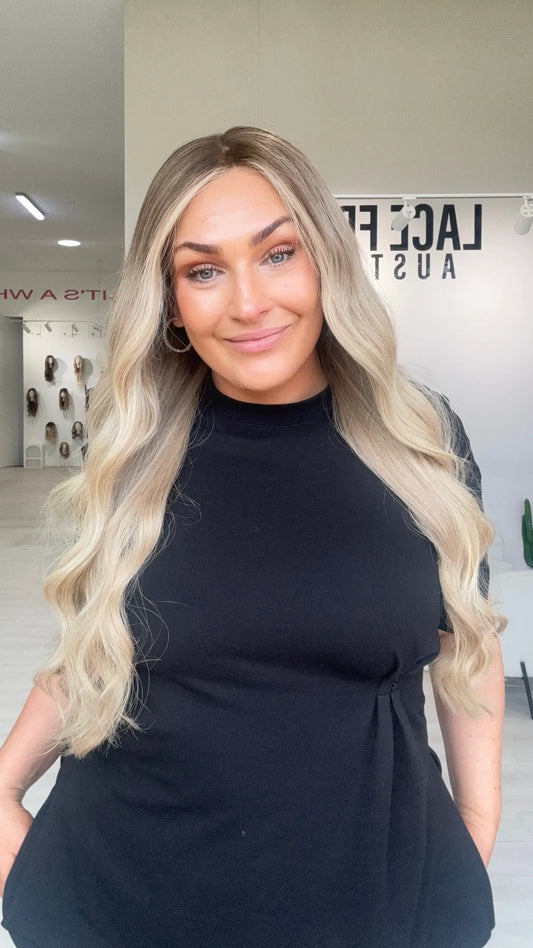 lace front wig australia, human hair creamy iced blonde with darker root to soft ombre.