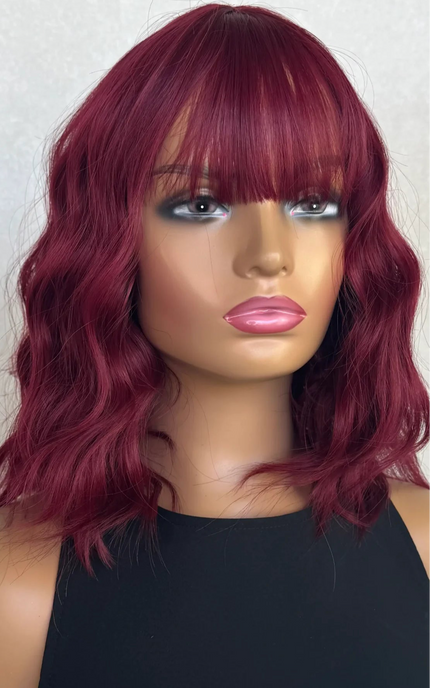 deep red wavy synthetic wig with fringe, middle part lob. heat safe, gold coast australia.