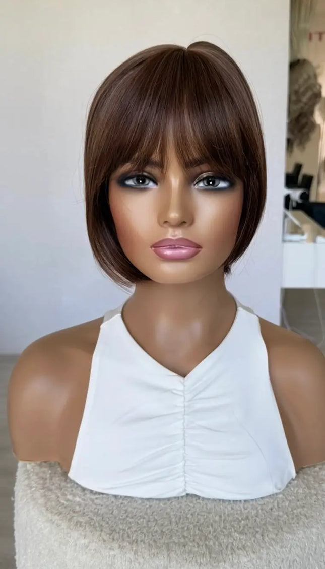 9-10 inch chestnut brunette, fringe synthetic topper.
