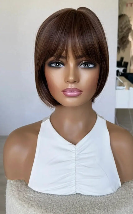 9-10 inch chestnut brunette, fringe synthetic topper.
