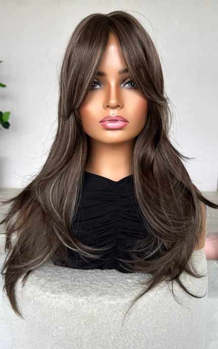 ash brunette hair with highlights front view.