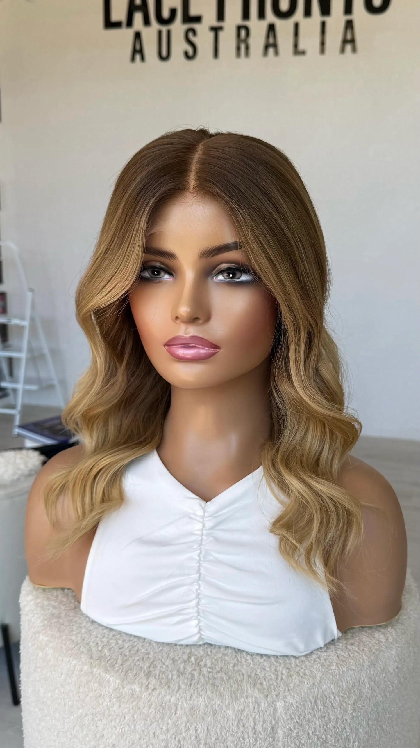 darker root to golden blonde ombre ends wavy hair lace front wig. medical lace front wig.