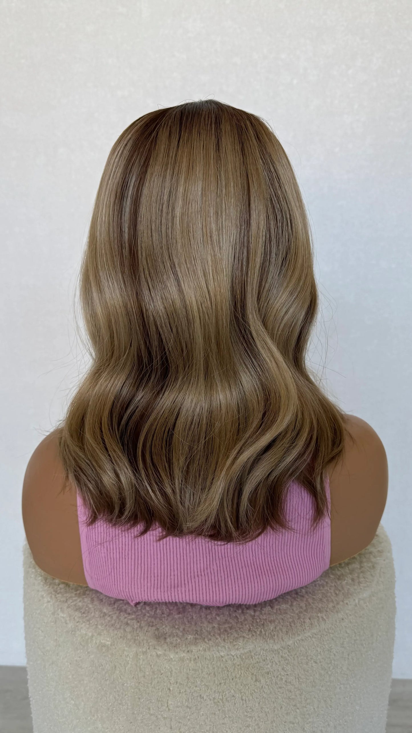 Synthetic wig from back showing mixed colouring, australia synthetic wigs, glueless and heat safe.