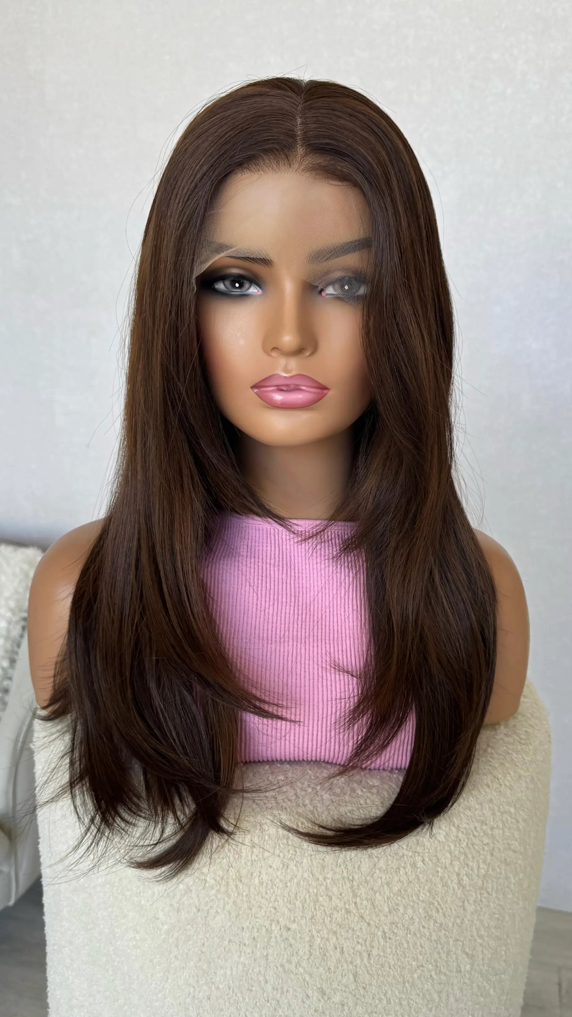 middle part lacefront wig , layered hair brunette