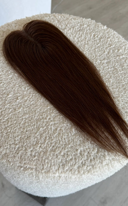 top view 11 inch mini topper human hair, chestnut brunette