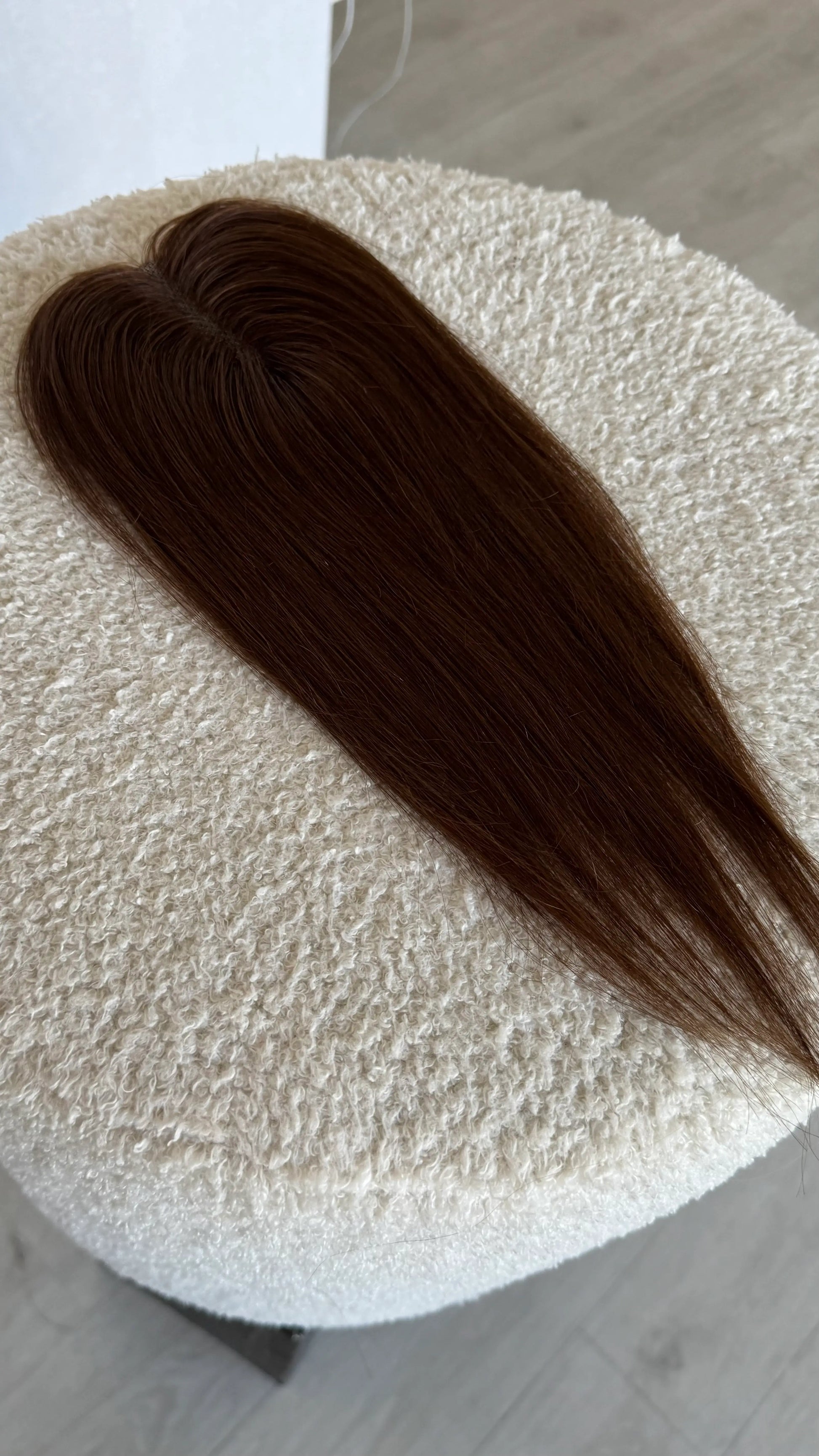 top view 11 inch mini topper human hair, chestnut brunette