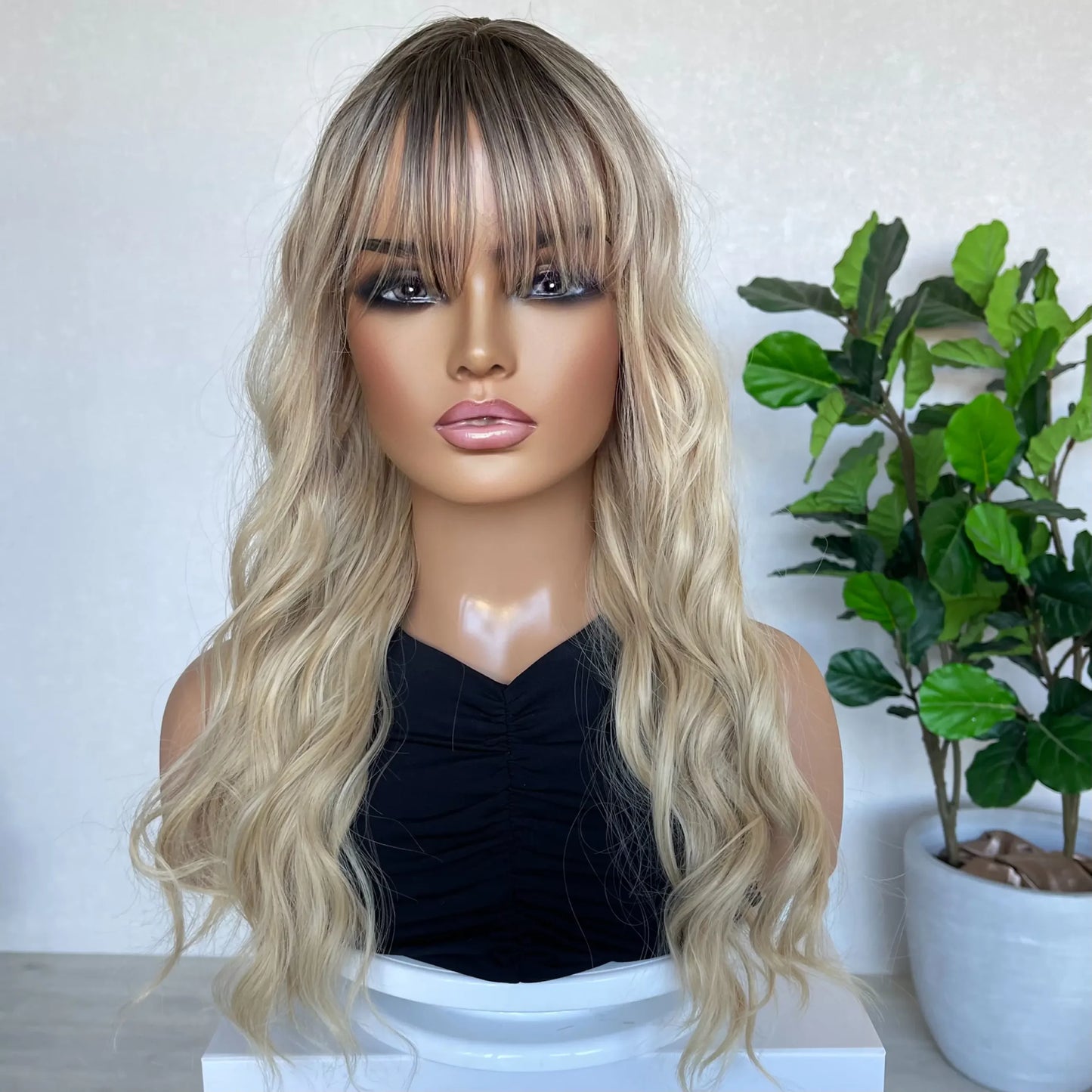 Warm Blonde with Root Wavy Synthetic Wig - Evangeline