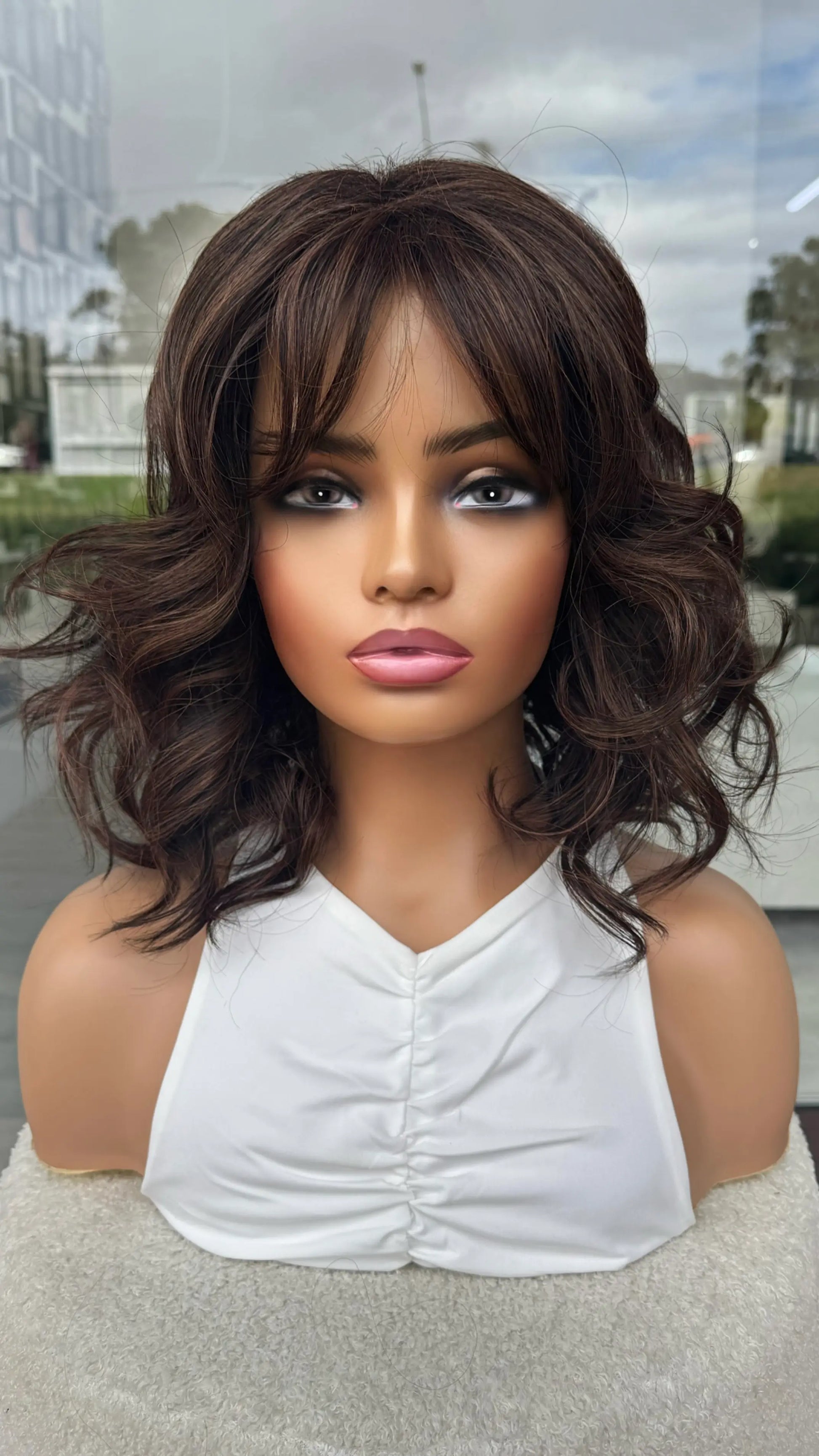 Dark Warm Brunette With Copper Highlights- Volume Synthetic Wig- Gingernut, curly hair wig.