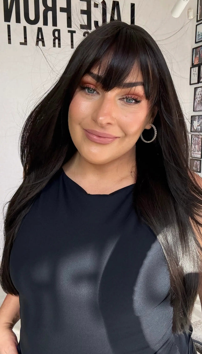 dark brunette topper with middle part and fringe, heat safe synthetic topper, gold coast, australia.