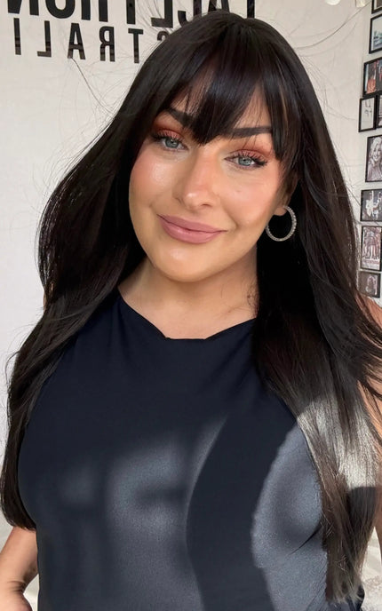 dark brunette topper with middle part and fringe, heat safe synthetic topper, gold coast, australia.