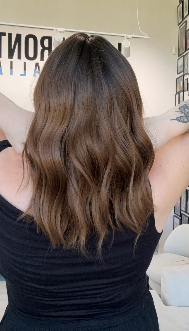 dark brunette ombre wavy hair heat safe wig, middle part with fringe.