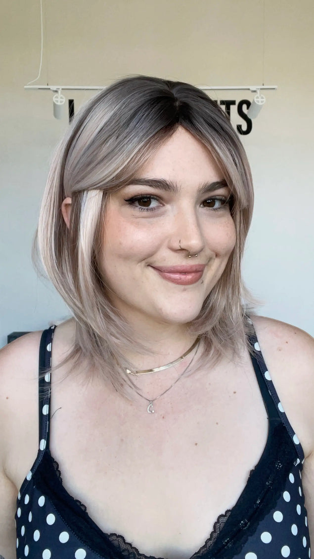 heat safe synthetic wig for women with hairloss in australia, blonde with dark root.
