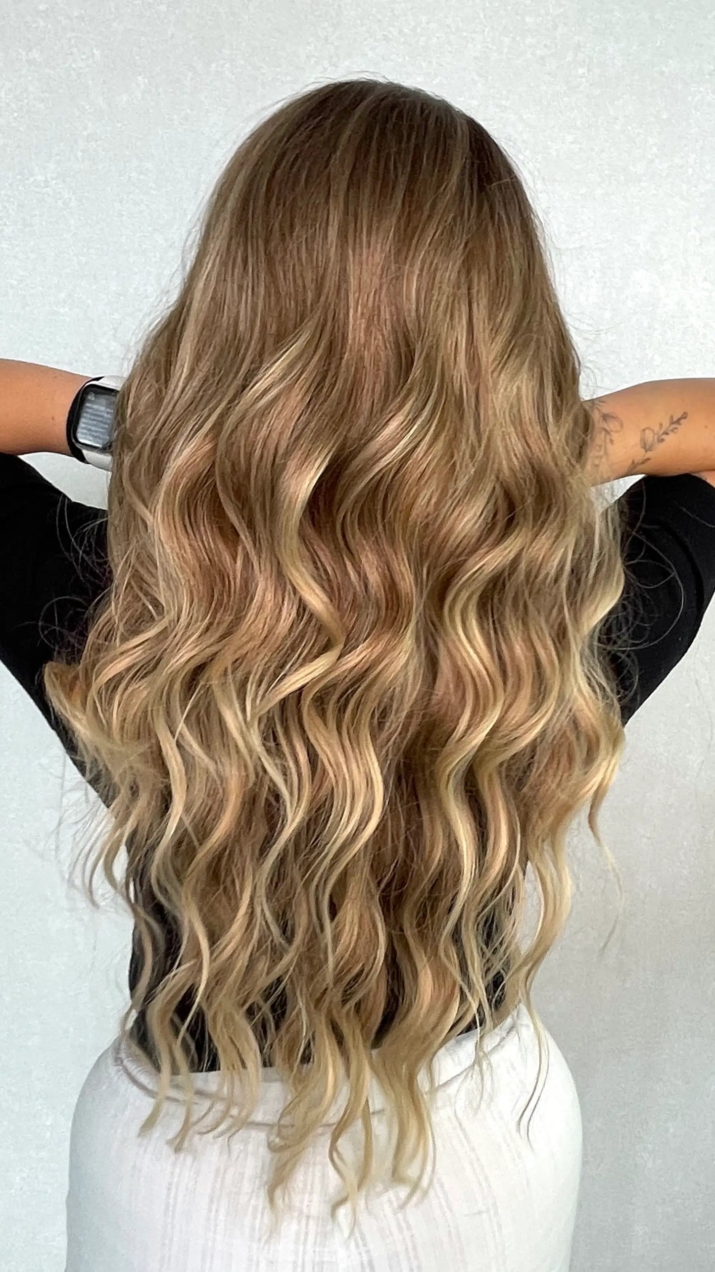 Queen ombre synthetic from back view, holding up hair showing soft blend of natural colours.